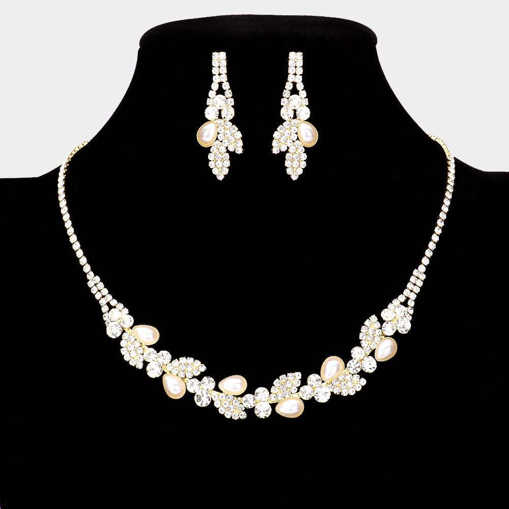 Teardrop Pearl Accented Rhinestone Petal Necklace - Madeline Love - Flyclothing LLC