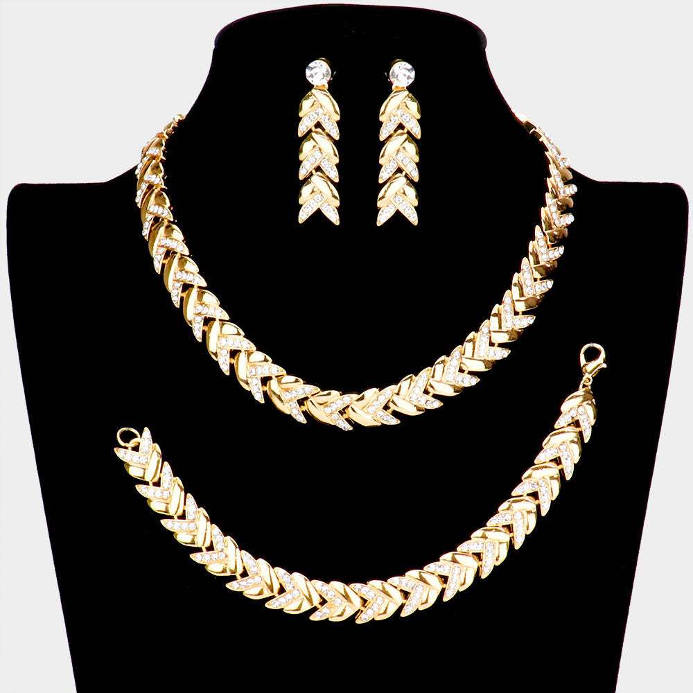 3PCS - Rhinestone Embellished Chevron Link Necklace Jewelry Set - Madeline Love - Flyclothing LLC