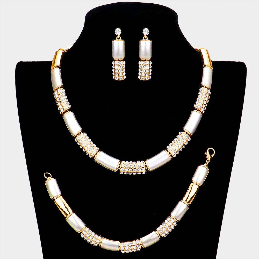 3PCS - Rhinestone Embellished Metal Rectangle Link Necklace Jewelry Set - Madeline Love - Flyclothing LLC