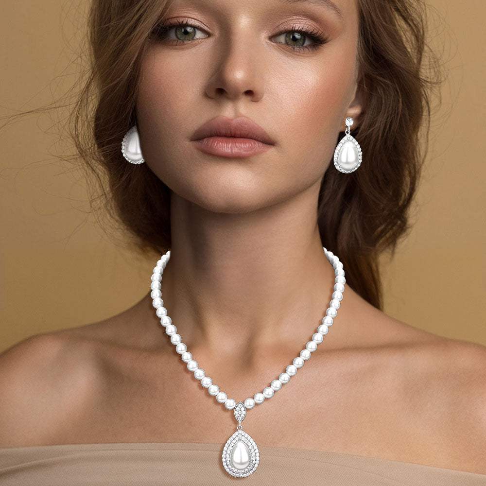 Rhinestone Trimmed Teardrop Pearl Pendant Necklace - Madeline Love - Flyclothing LLC