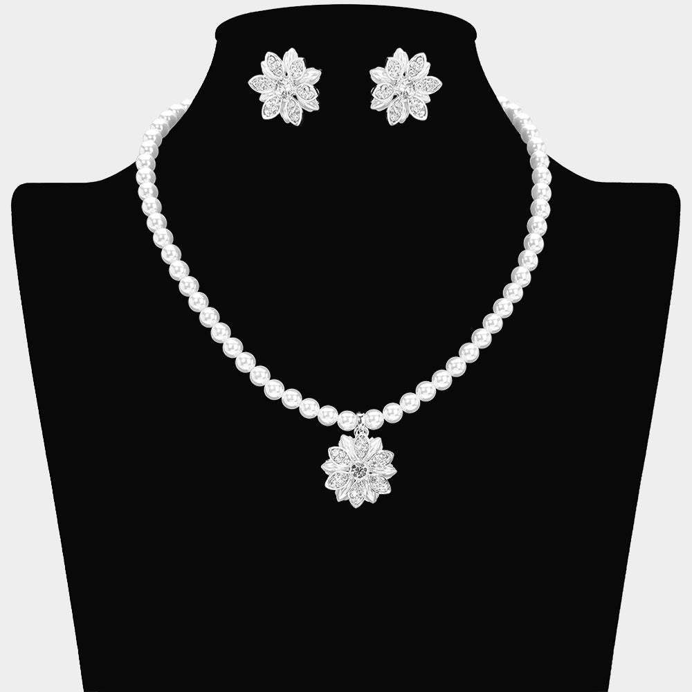 Rhinestone Pearl Flower Pendant Necklace - Madeline Love - Flyclothing LLC
