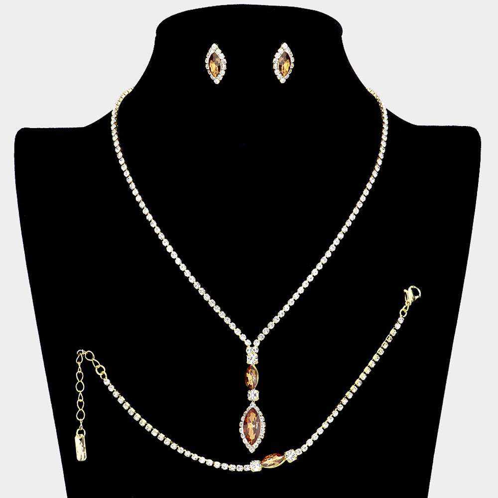 3PCS Marquise Stone Accented Rhinestone Pave Necklace Jewelry Set - Madeline Love - Flyclothing LLC