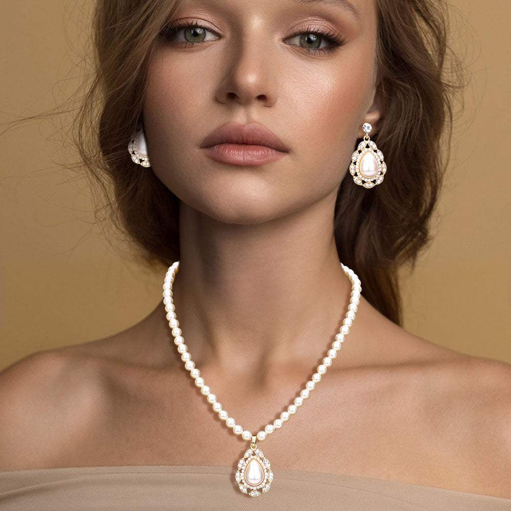 Rhinestone Embellished Teardrop Pearl Accented Necklace - Madeline Love - Flyclothing LLC