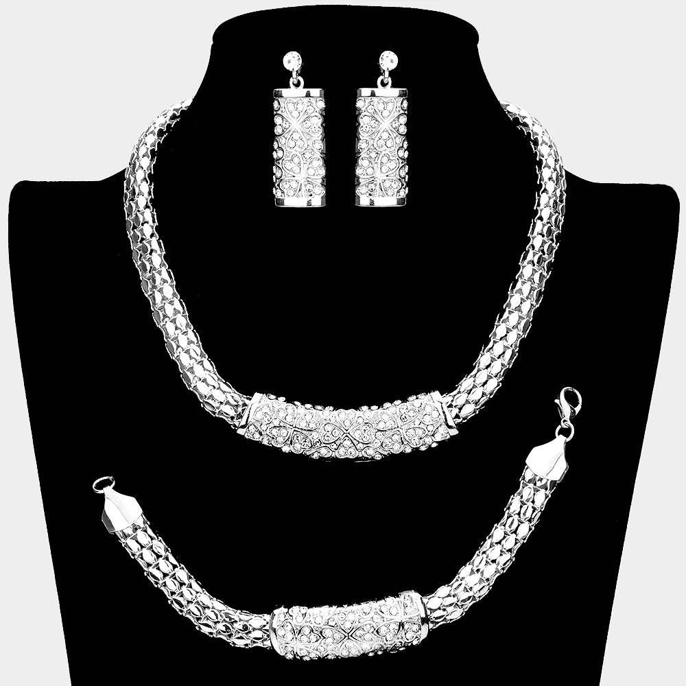 3PCS - Rhinestone Embellished Clover Detailed Necklace Jewelry Set - Madeline Love - Flyclothing LLC