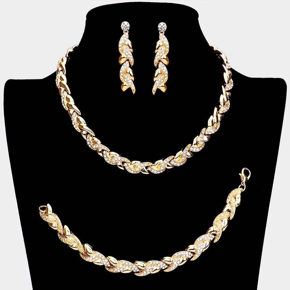 3PCS - Rhinestone Embellished Braided Necklace Jewelry Set - Madeline Love - Flyclothing LLC