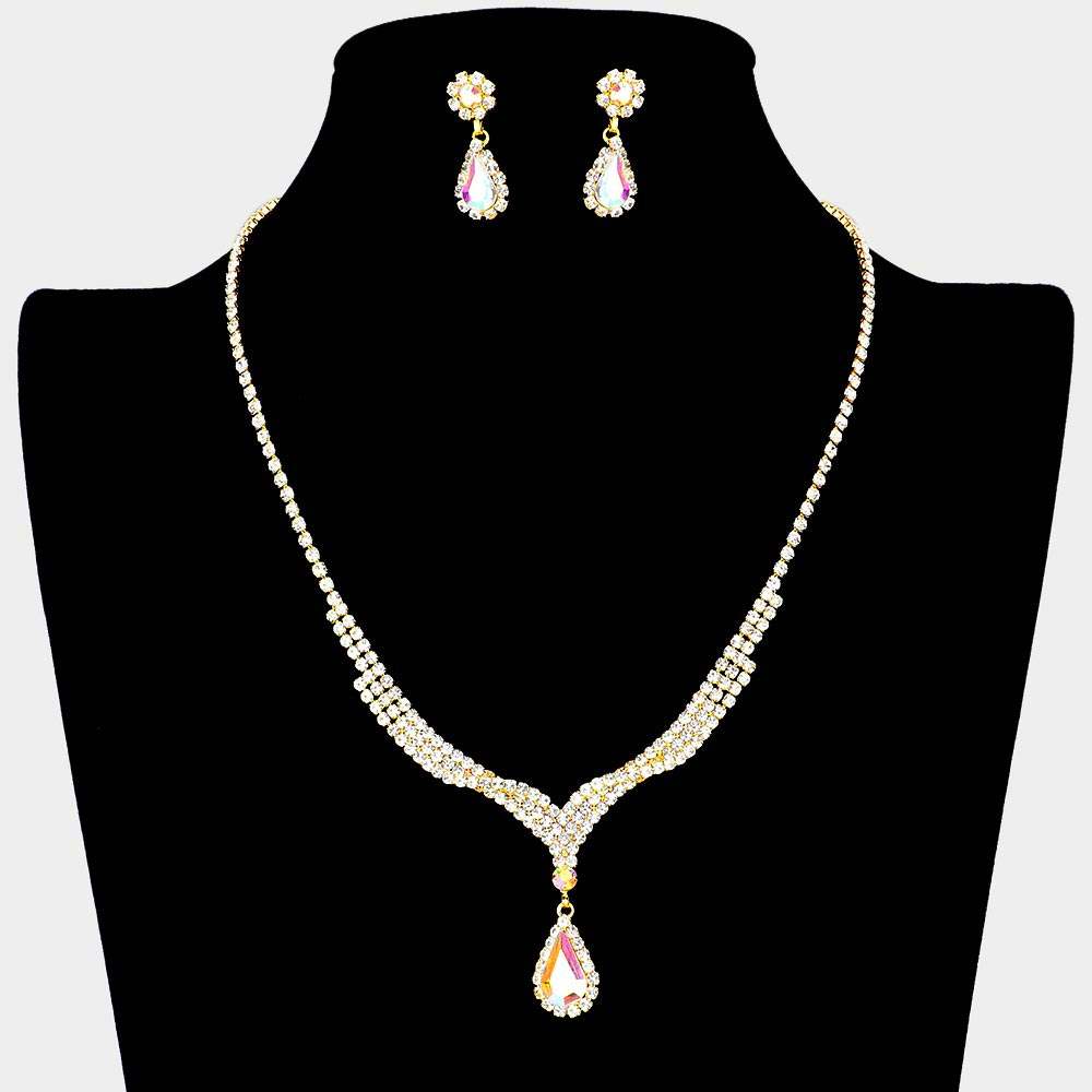 Teardrop Stone Pendant Accented Rhinestone Pave Necklace - Madeline Love - Flyclothing LLC