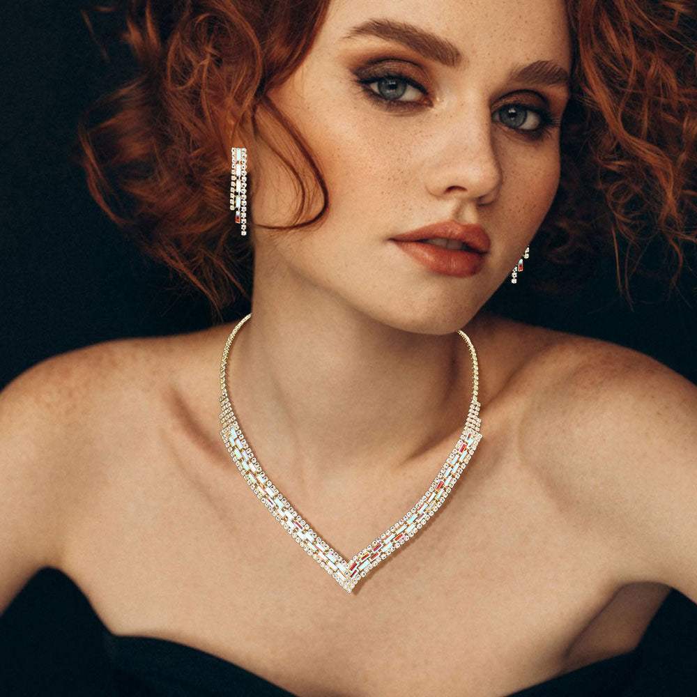 Baguette Stone Pointed Rhinestone V Shaped Necklace - Madeline Love - Flyclothing LLC