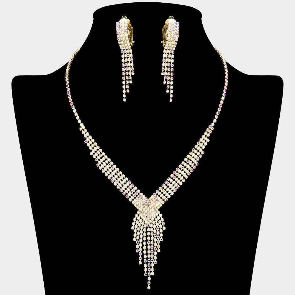Rhinestone Pave Fringe Necklace & Clip Earring Set - Madeline Love - Flyclothing LLC