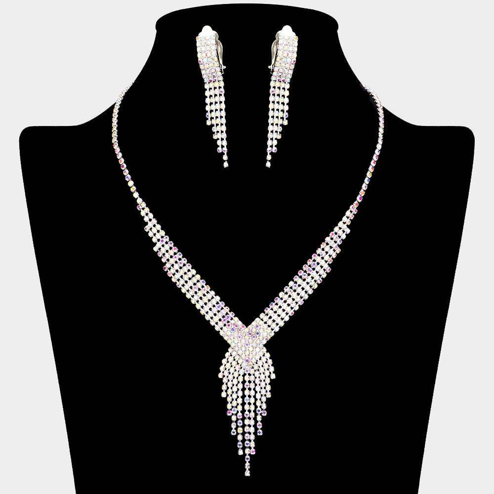 Rhinestone Pave Fringe Necklace & Clip Earring Set - Madeline Love - Flyclothing LLC