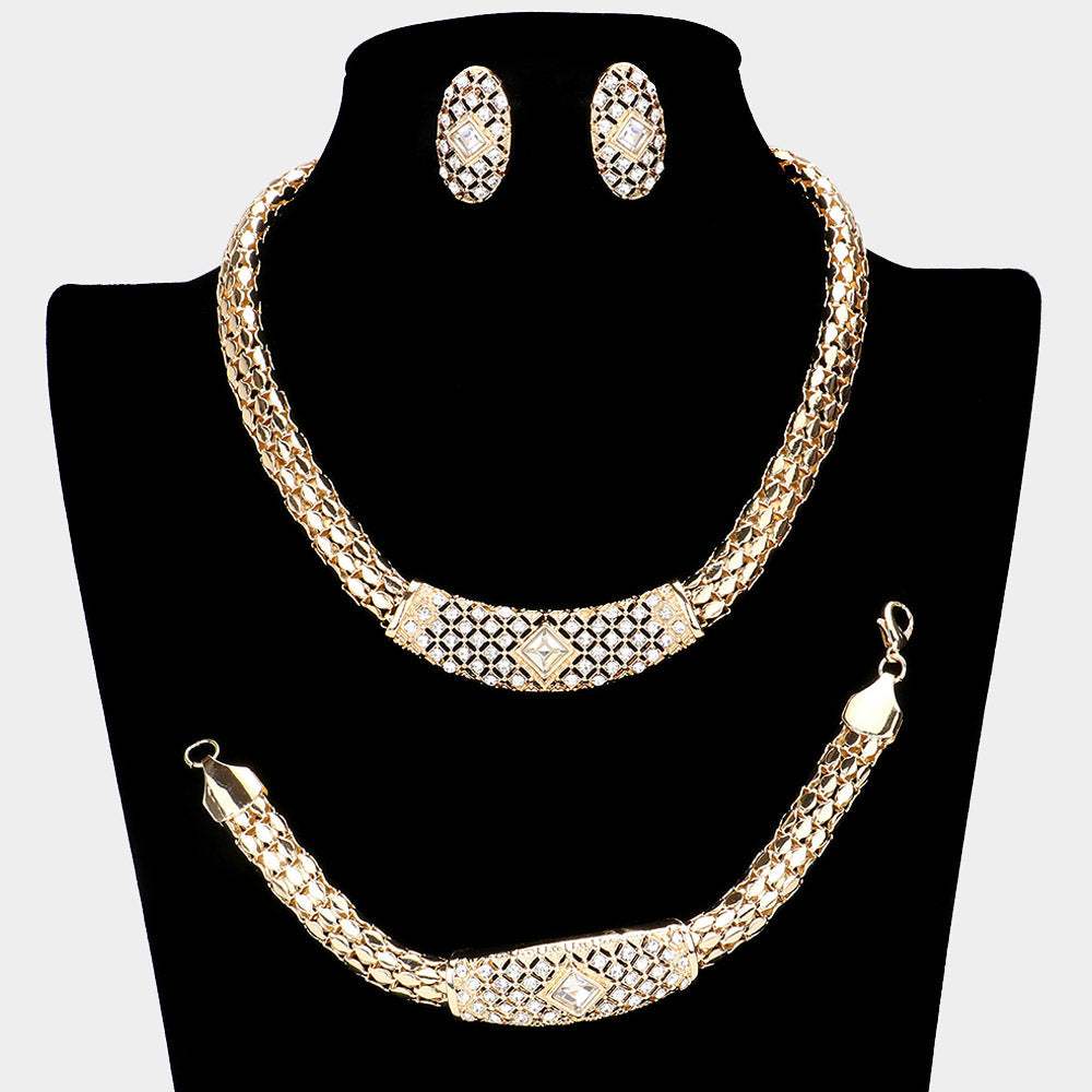 3PCS Rhinestone Paved Metal Chain Necklace Jewelry Set - Madeline Love - Flyclothing LLC