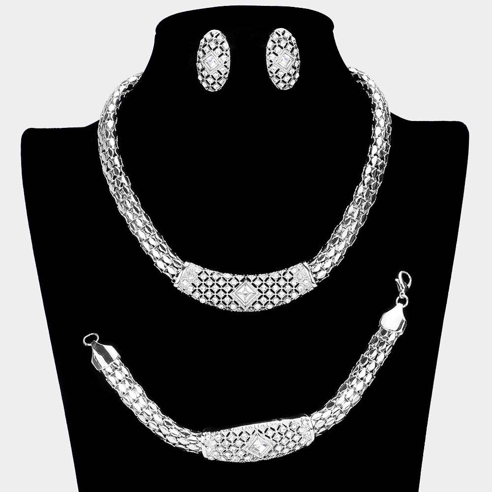 3PCS Rhinestone Paved Metal Chain Necklace Jewelry Set - Madeline Love - Flyclothing LLC