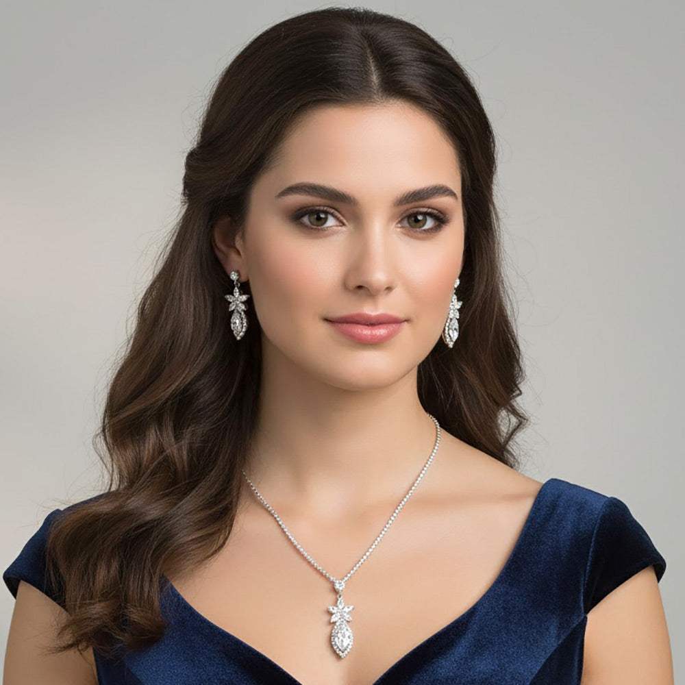 Floral Marquise CZ Stone Cluster Pendant Rhinestone Paved Necklace - Madeline Love - Flyclothing LLC