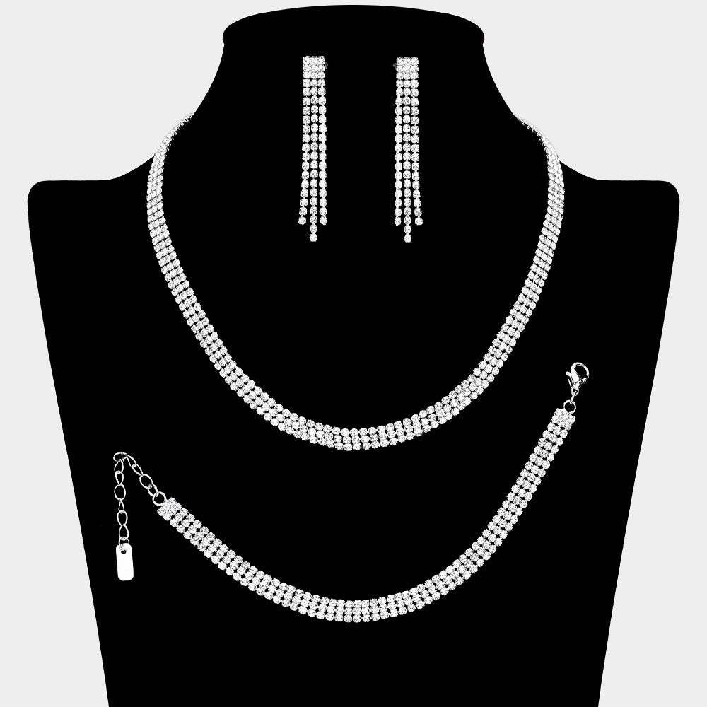 Rhinestone Paved 3-Row Necklace Jewelry Set - Madeline Love - Flyclothing LLC