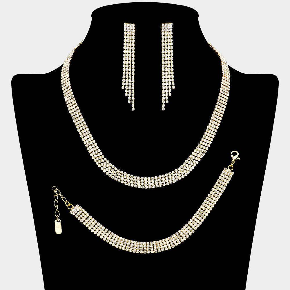 Rhinestone Paved 4-Row Necklace Jewelry Set - Madeline Love - Flyclothing LLC