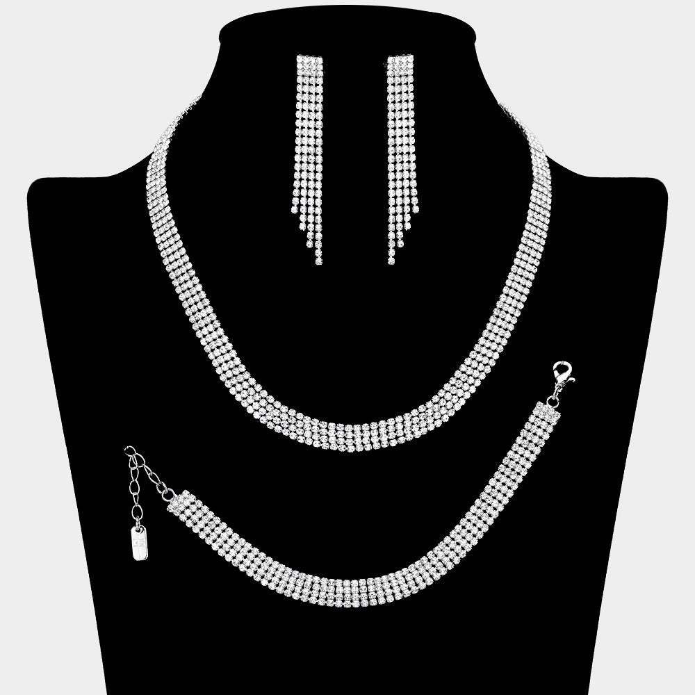 Rhinestone Paved 4-Row Necklace Jewelry Set - Madeline Love - Flyclothing LLC