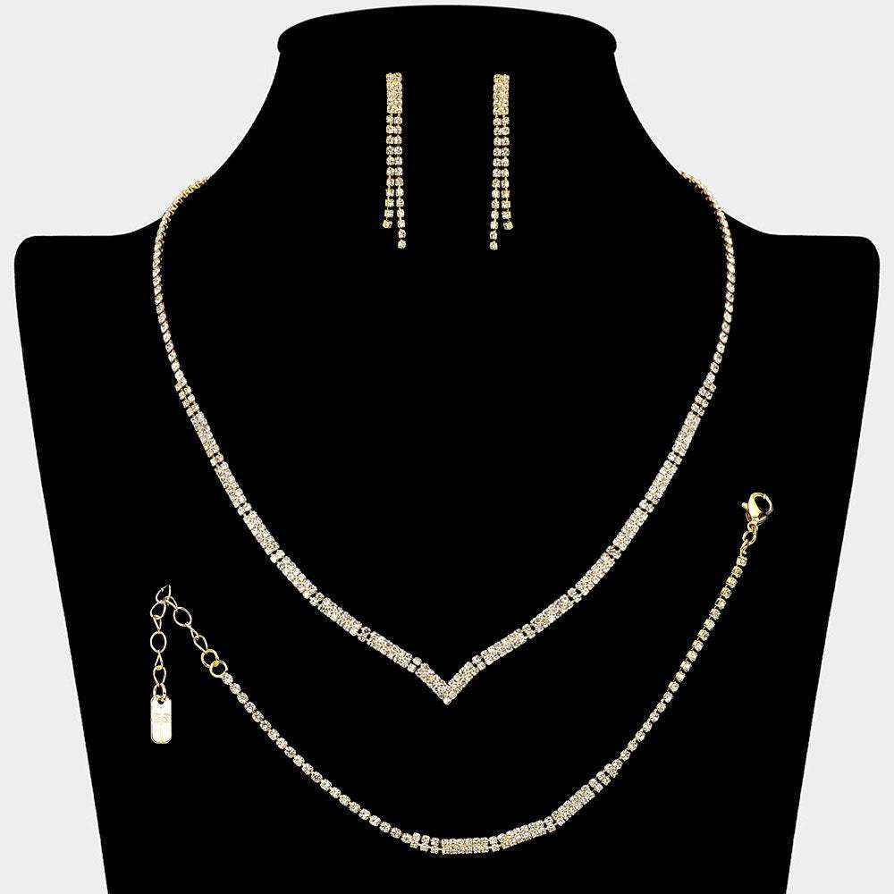 Rhinestone Paved Bar Link V Shaped Jewelry Set - Madeline Love - Flyclothing LLC