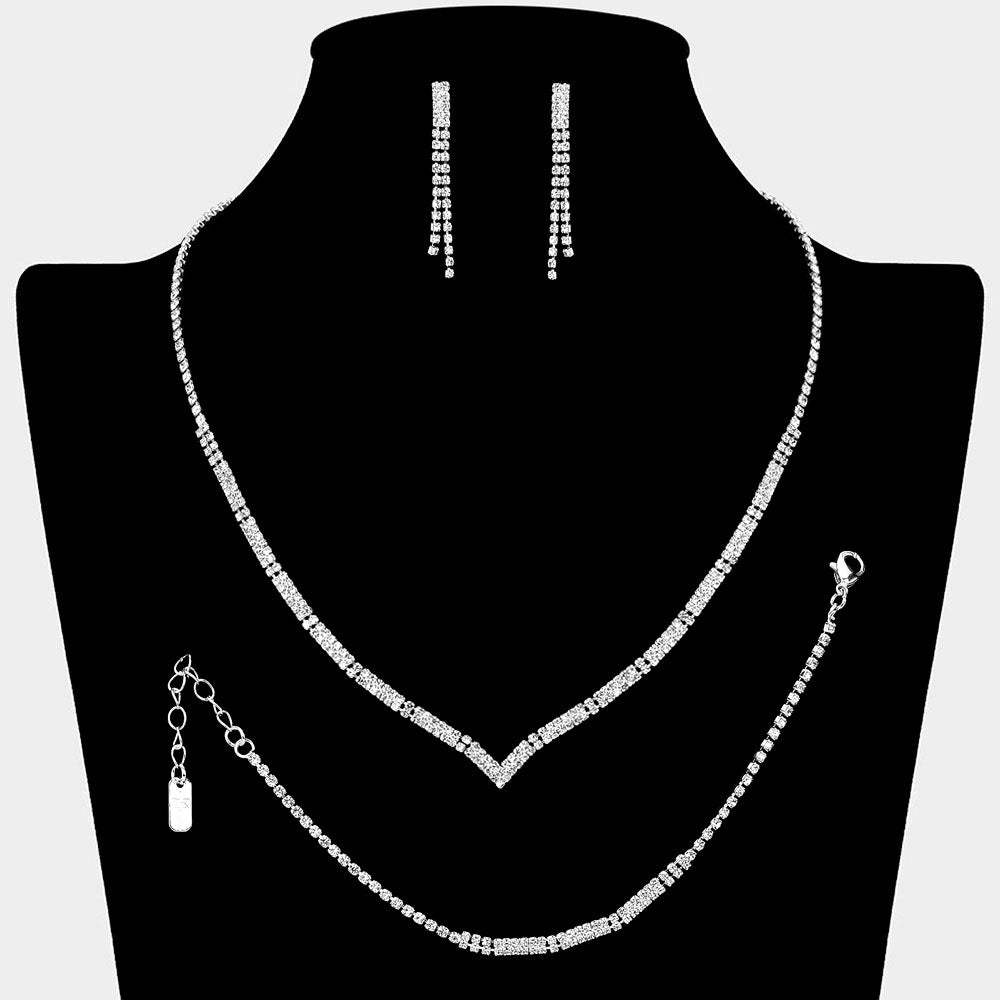 Rhinestone Paved Bar Link V Shaped Jewelry Set - Madeline Love - Flyclothing LLC