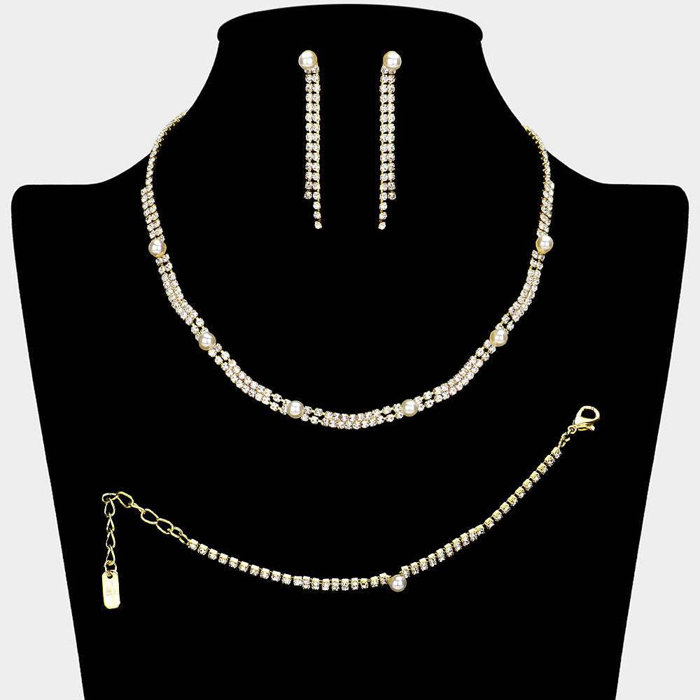 Pearl Cluster Pointed Rhinestone Paved Necklace Jewelry Set - Madeline Love - Flyclothing LLC