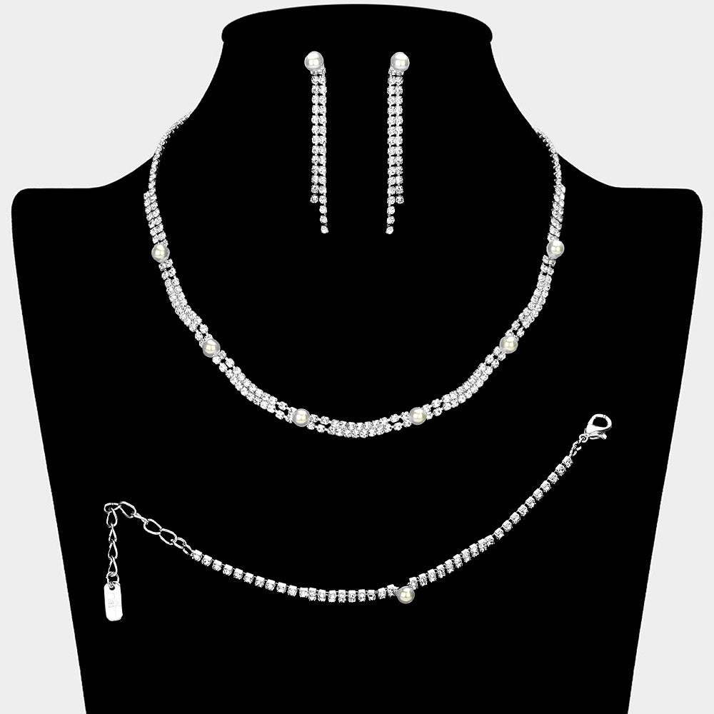 Pearl Cluster Pointed Rhinestone Paved Necklace Jewelry Set - Madeline Love - Flyclothing LLC