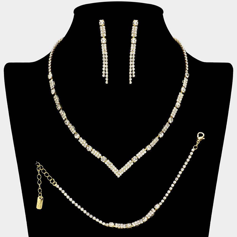 Square Stone Cluster Pointed Rhinestone Paved Necklace Jewelry Set - Madeline Love - Flyclothing LLC