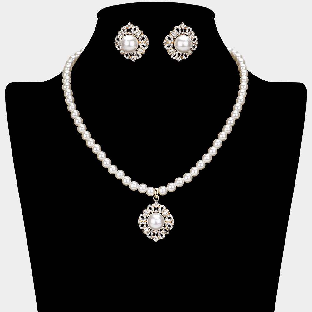 Rhinestone Paved Pearl Pendant Necklace - Madeline Love - Flyclothing LLC