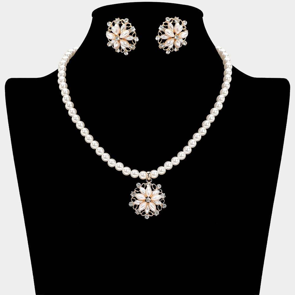 Pearl Flower Rhinestone Pendant Necklace - Madeline Love - Flyclothing LLC