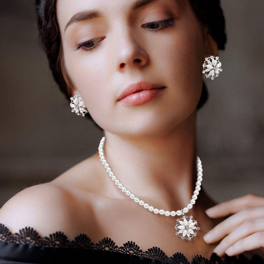 Pearl Flower Rhinestone Pendant Necklace - Madeline Love - Flyclothing LLC