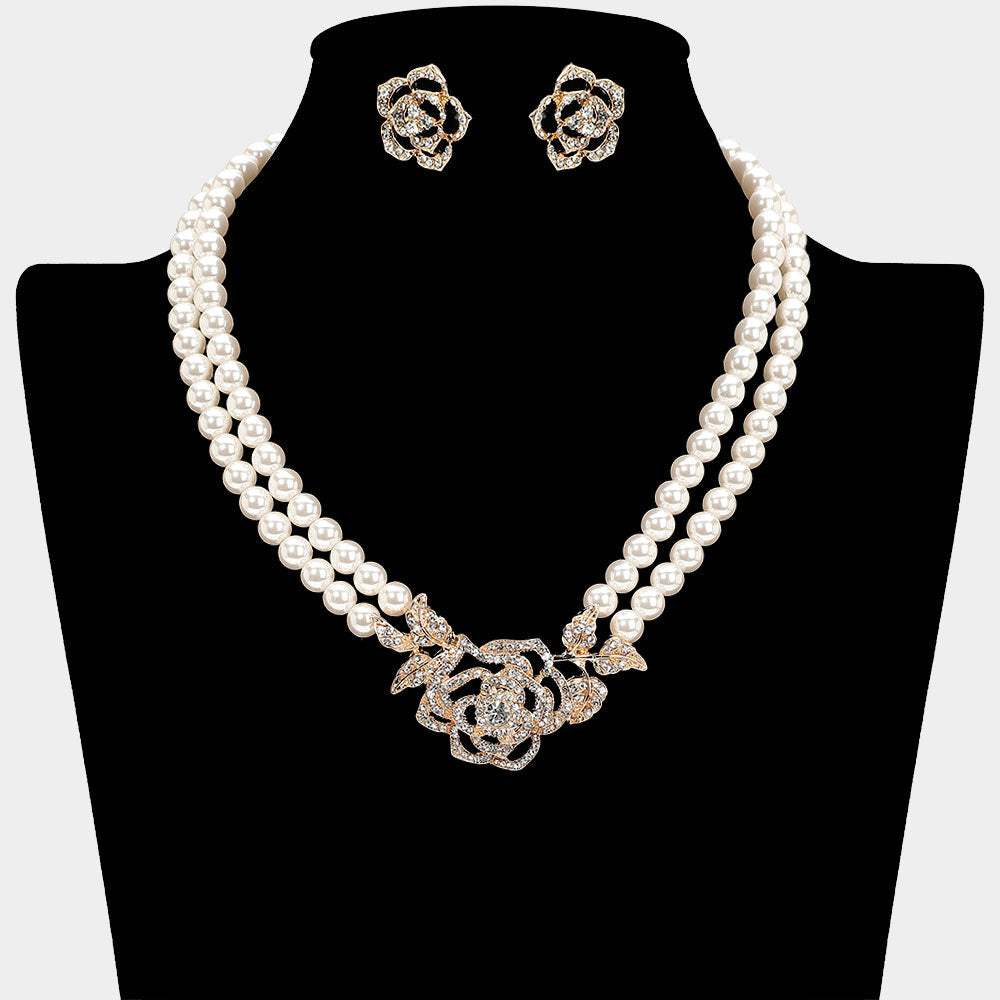 Rhinestone Paved Rose Pendant Double Layered Pearl Necklace - Madeline Love - Flyclothing LLC