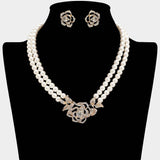 Rhinestone Paved Rose Pendant Double Layered Pearl Necklace - Madeline Love - Flyclothing LLC