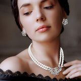 Rhinestone Paved Rose Pendant Double Layered Pearl Necklace - Madeline Love - Flyclothing LLC