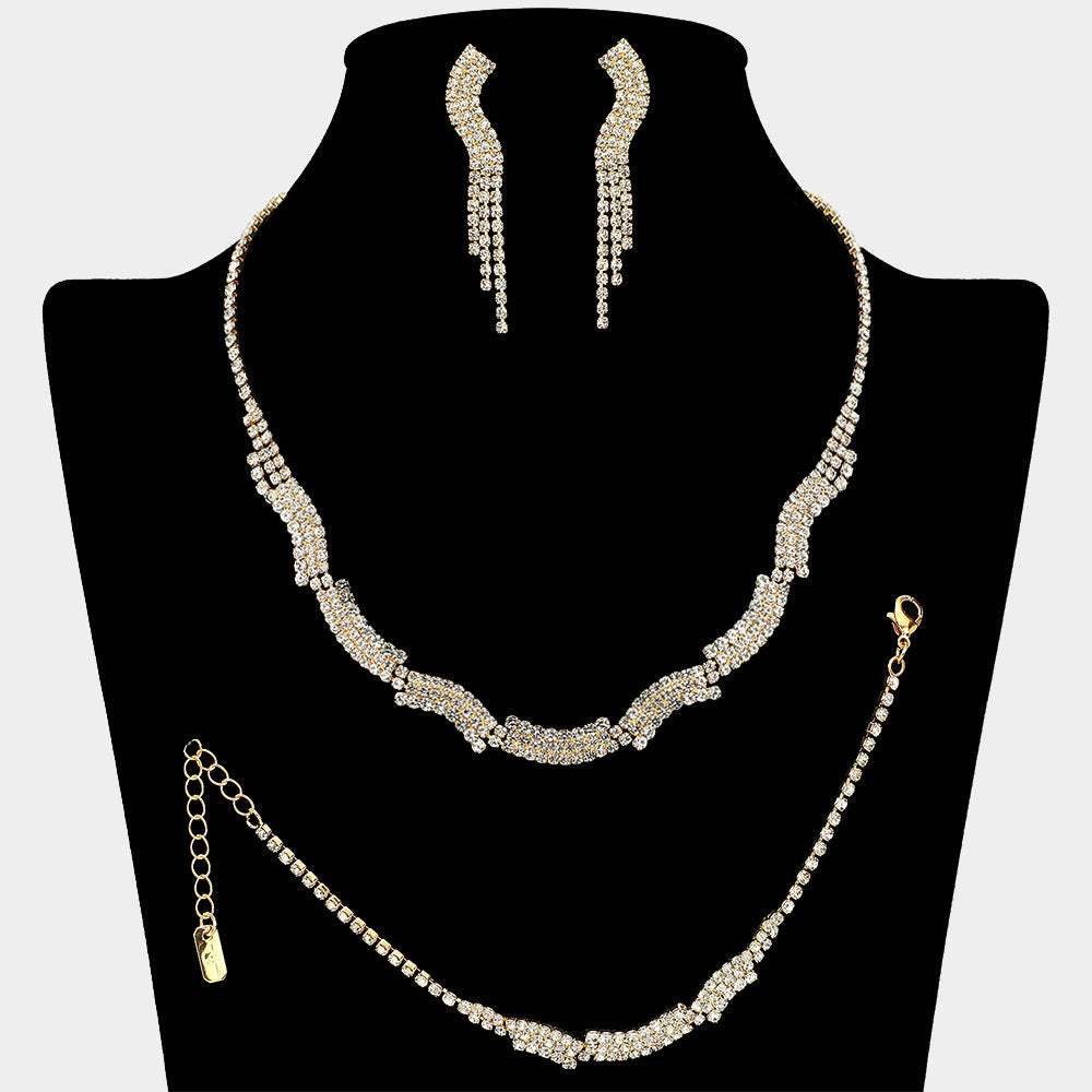 Rhinestone Paved Wavy Plate Link Jewelry Set - Madeline Love - Flyclothing LLC