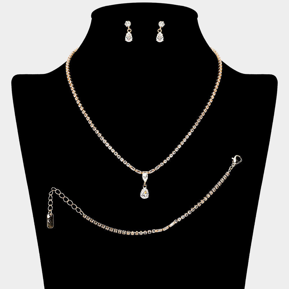 Teardrop Stone Cluster Pendant Pointed Rhinestone Paved Jewelry Set