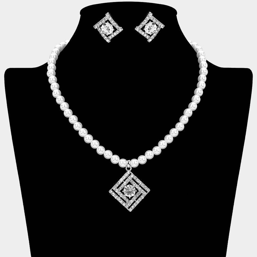 Rhinestone Paved Geometric Square Pendant Pearl Necklace - Madeline Love - Flyclothing LLC