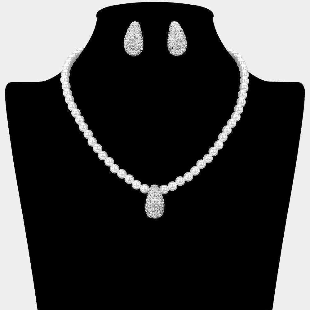 Rhinestone Paved Teardrop Pendant Beaded Pearl Necklace - Madeline Love - Flyclothing LLC