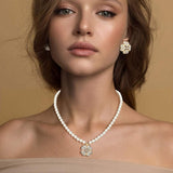 Rhinestone Paved Clover Pendant Pearl Necklace - Madeline Love - Flyclothing LLC