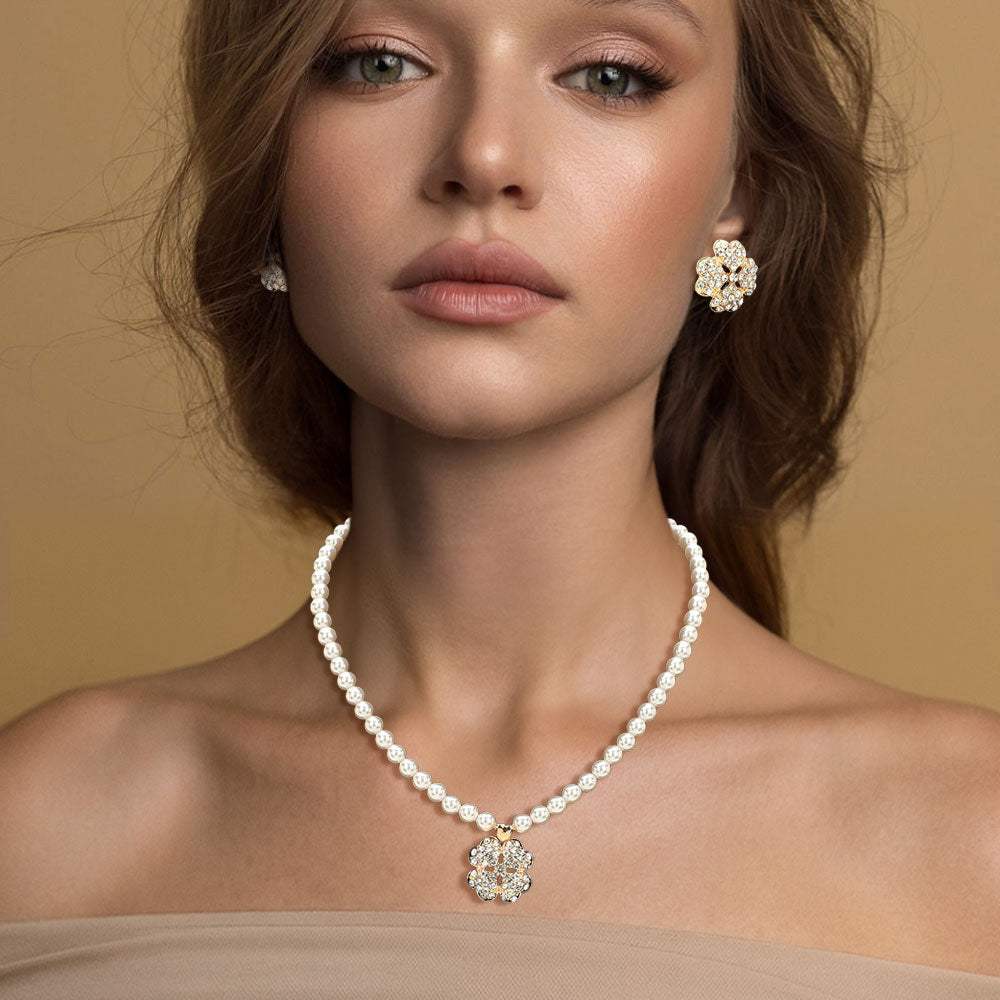 Rhinestone Paved Clover Pendant Pearl Necklace - Madeline Love - Flyclothing LLC