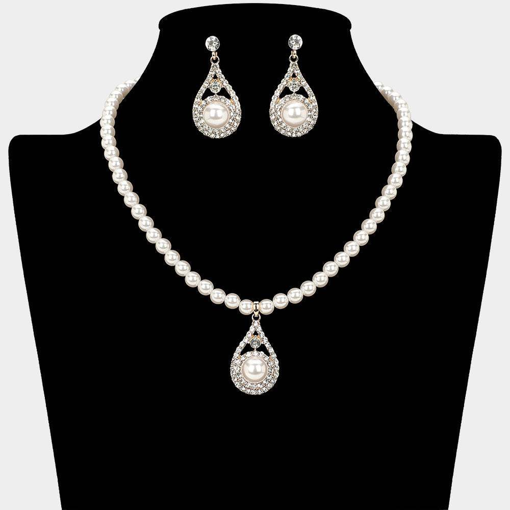 Pearl Accent Rhinestone Paved Teardrop Pendant Pearl Necklace - Madeline Love - Flyclothing LLC