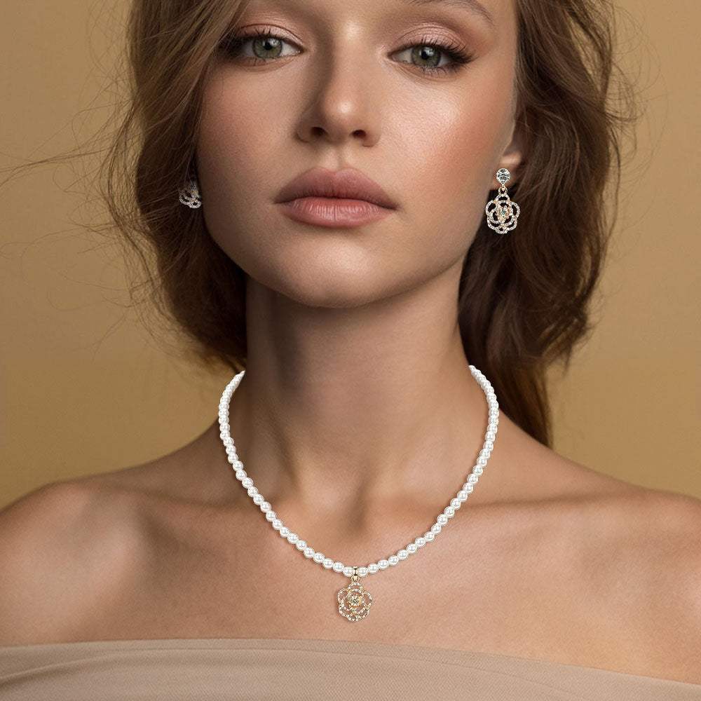 Rhinestone Paved Rose Pendant Pearl Necklace - Madeline Love - Flyclothing LLC