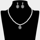 Rhinestone Paved Rose Pendant Pearl Necklace - Madeline Love - Flyclothing LLC