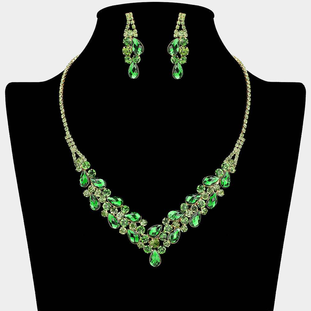 Teardrop Stone Cluster Embellished V Shaped Rhinestone Paved Necklace - Madeline Love - Flyclothing LLC