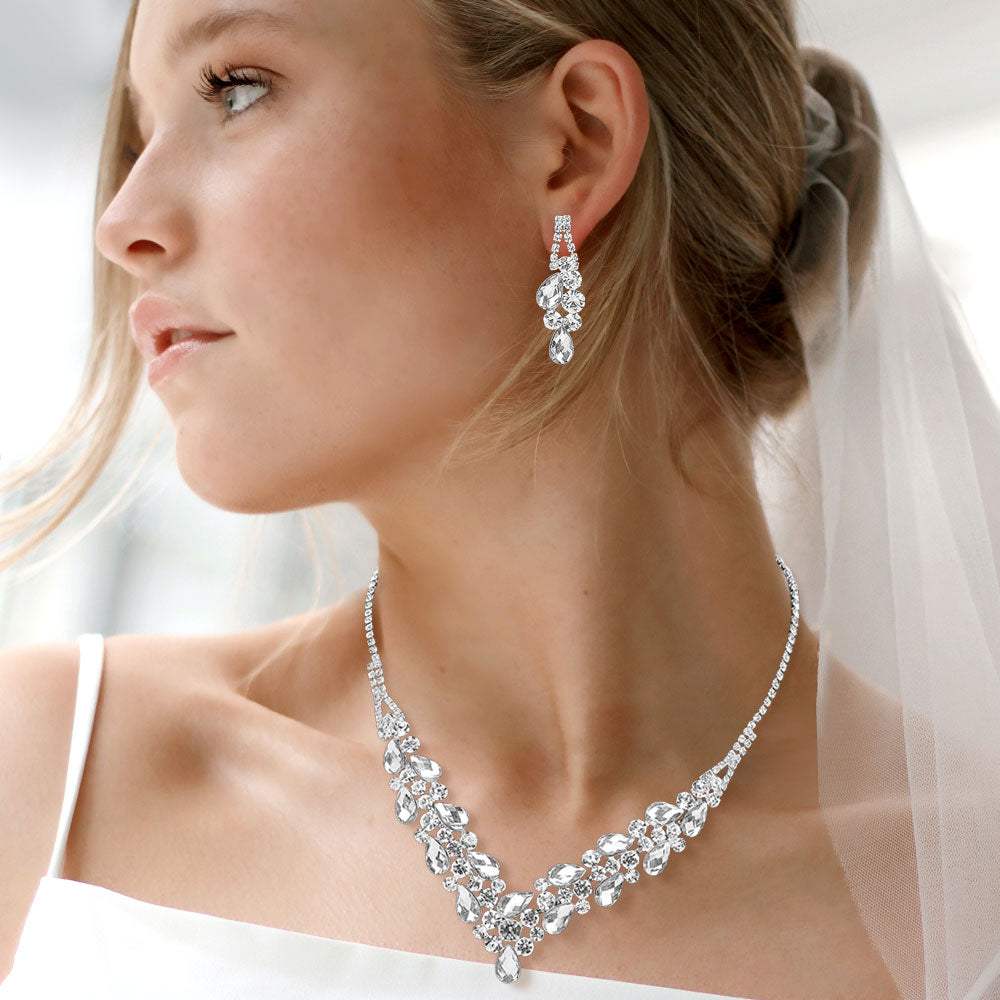 Teardrop Stone Cluster Embellished V Shaped Rhinestone Paved Necklace - Madeline Love - Flyclothing LLC
