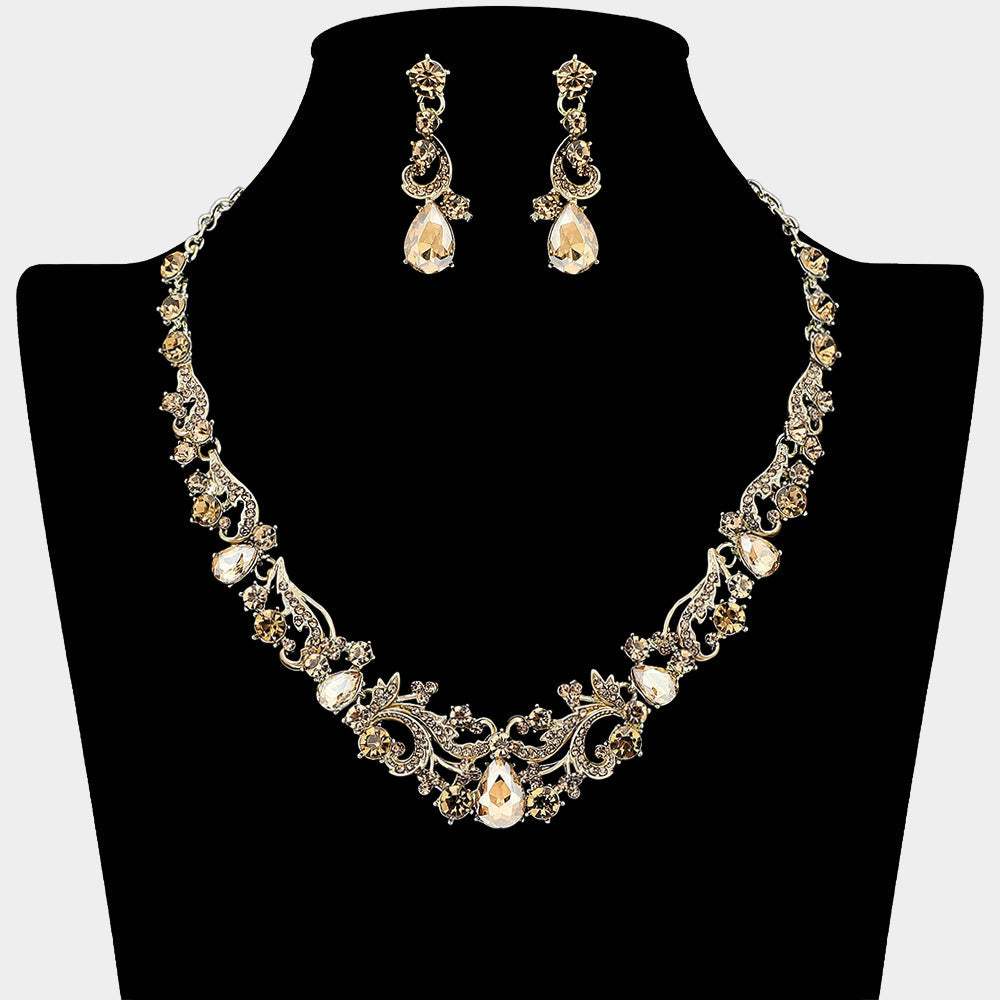 Elegant Teardrop Stone Cluster Accent Rhinestone Embellished Necklace - Madeline Love - Flyclothing LLC