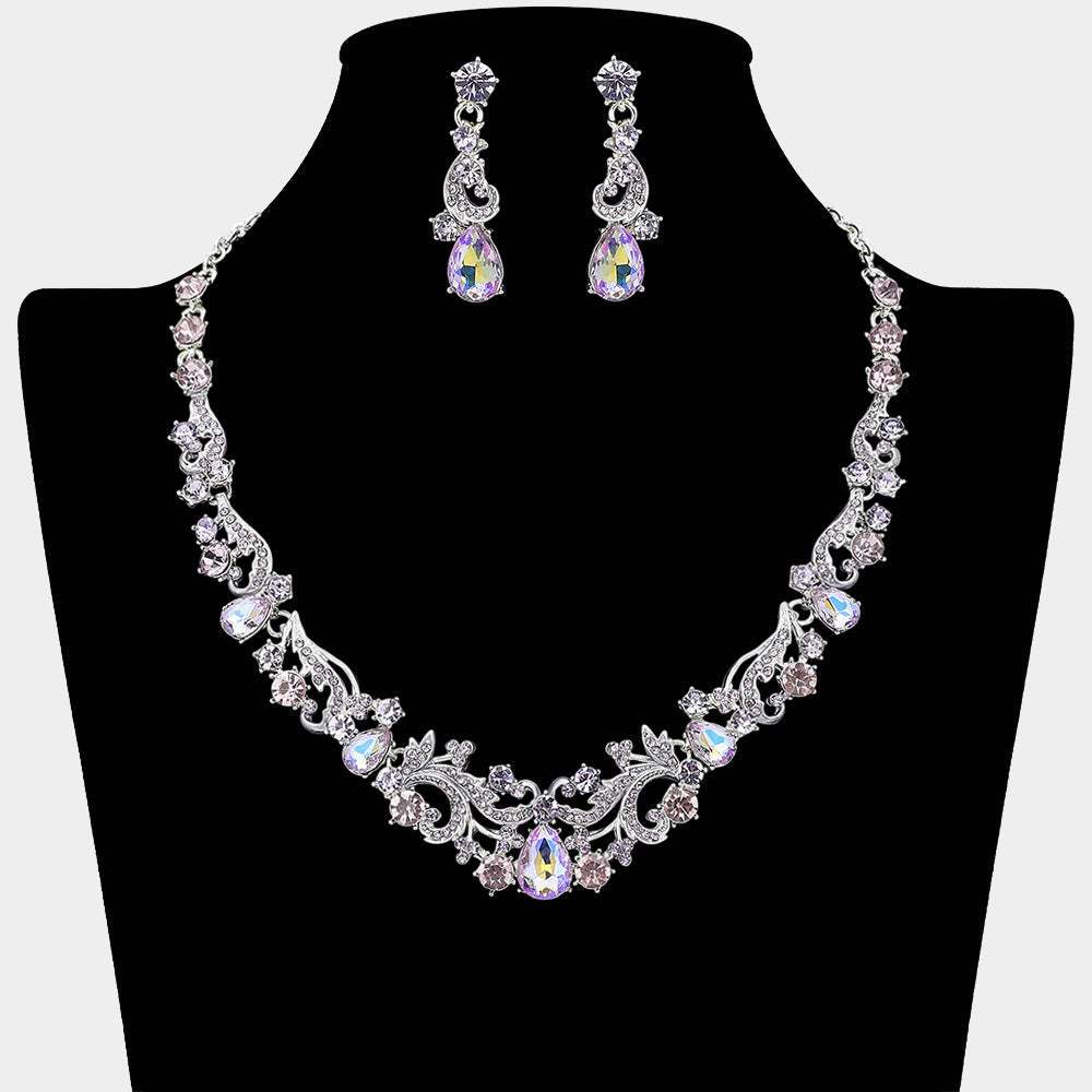 Elegant Teardrop Stone Cluster Accent Rhinestone Embellished Necklace - Madeline Love - Flyclothing LLC