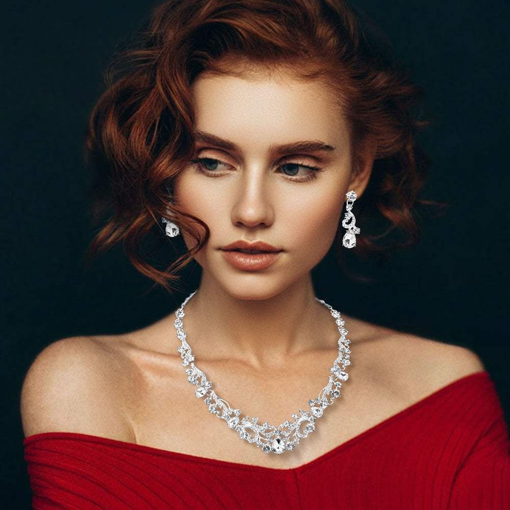 Elegant Teardrop Stone Cluster Accent Rhinestone Embellished Necklace - Madeline Love - Flyclothing LLC