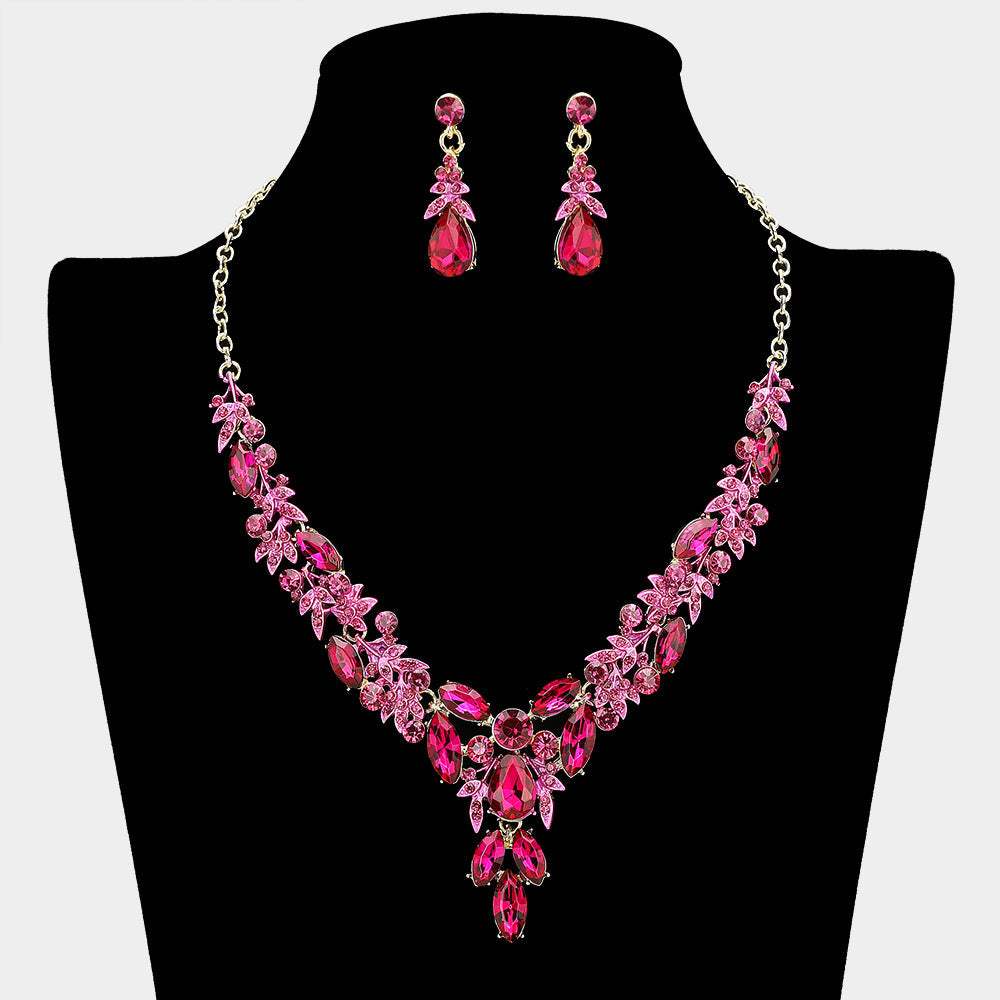 Teardrop Marquise Rhinestone Cluster Embellished Cascading Necklace - Madeline Love - Flyclothing LLC