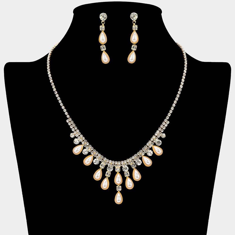 Teardrop Pearl Embellished Square Rhinestone Paved Necklace - Madeline Love - Flyclothing LLC