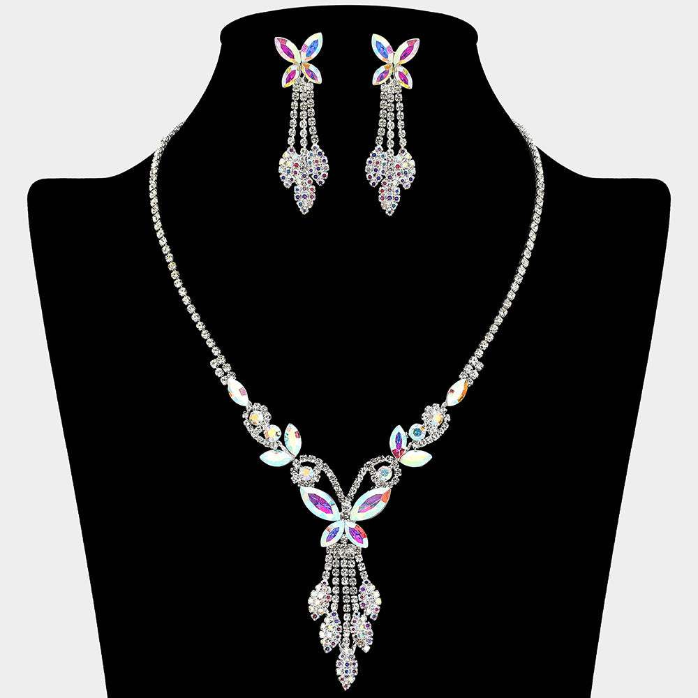 Marquise Stone Cluster Butterfly Drop Accent Rhinestone Paved Necklace - Madeline Love - Flyclothing LLC