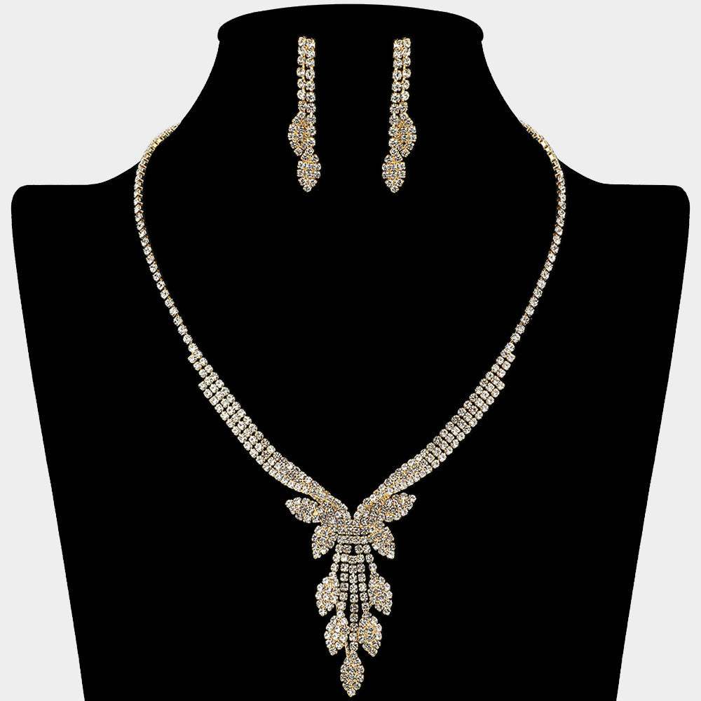 Rhinestone Paved Marquise Leaf Drop Necklace - Madeline Love - Flyclothing LLC