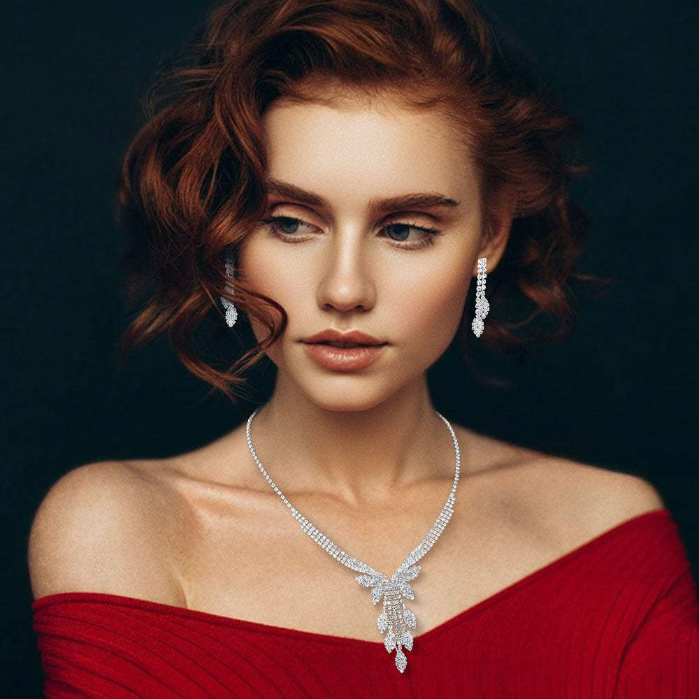 Rhinestone Paved Marquise Leaf Drop Necklace - Madeline Love - Flyclothing LLC
