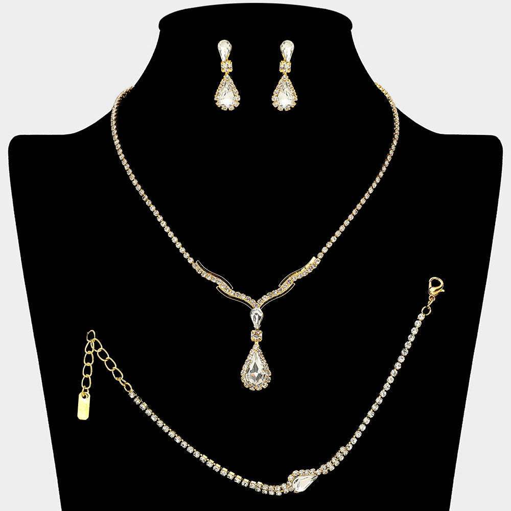 Teardrop Stone Pendant Accent Rhinestone Paved Jewelry Set - Madeline Love - Flyclothing LLC